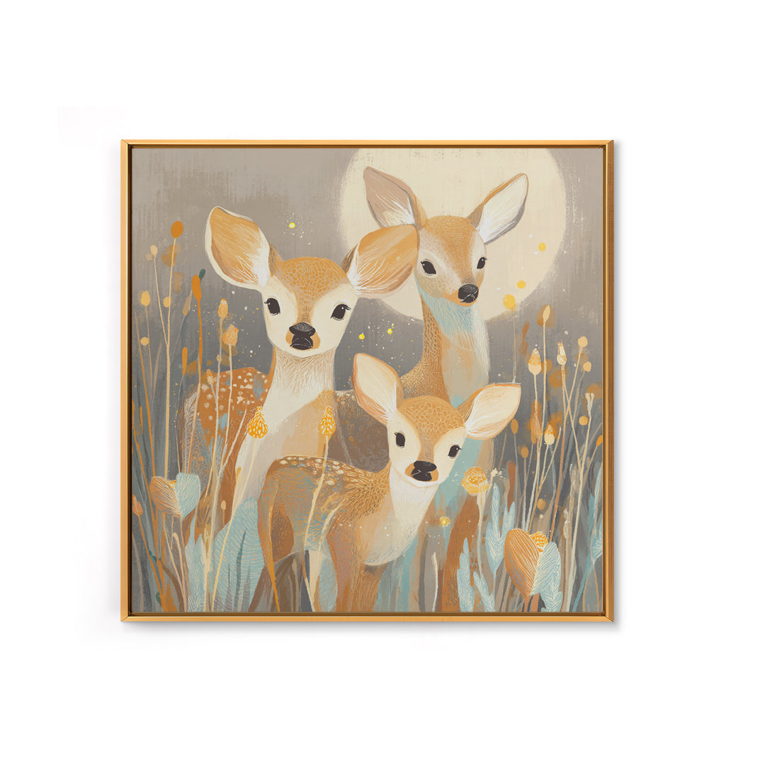 Baby Deer in Meadow with Fireflies Framed Canvas Print, Nursery Decor, Nursery Wall Decals, Oil Painting, Nursery, NDE-1x1-70