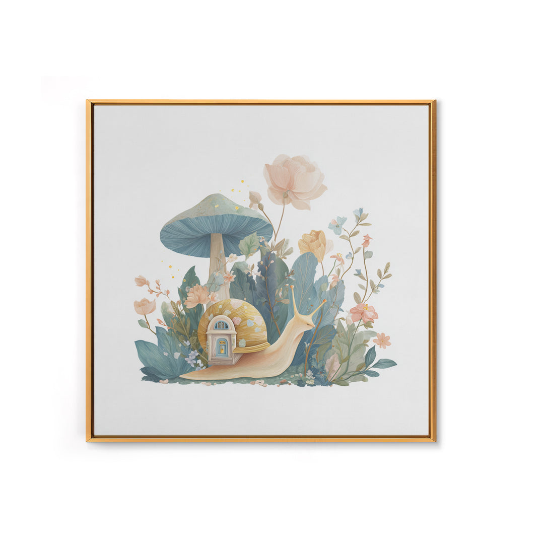 Garden Snail with Mushroom House Framed Canvas Print, Nursery Decor, Woodland Nursery, Watercolor Art, Nursery, NDE-1x1-71