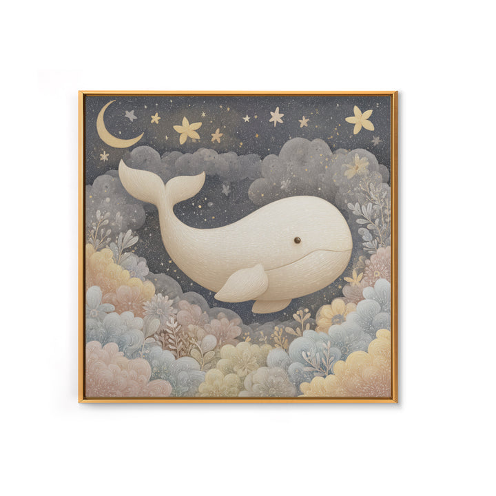 Baby Whale Swimming Through Stars Framed Canvas Print, Nursery Decor, Framed Wall Art, Fine Art, Nursery, Safari Nursery Decor, NDE-1x1-8