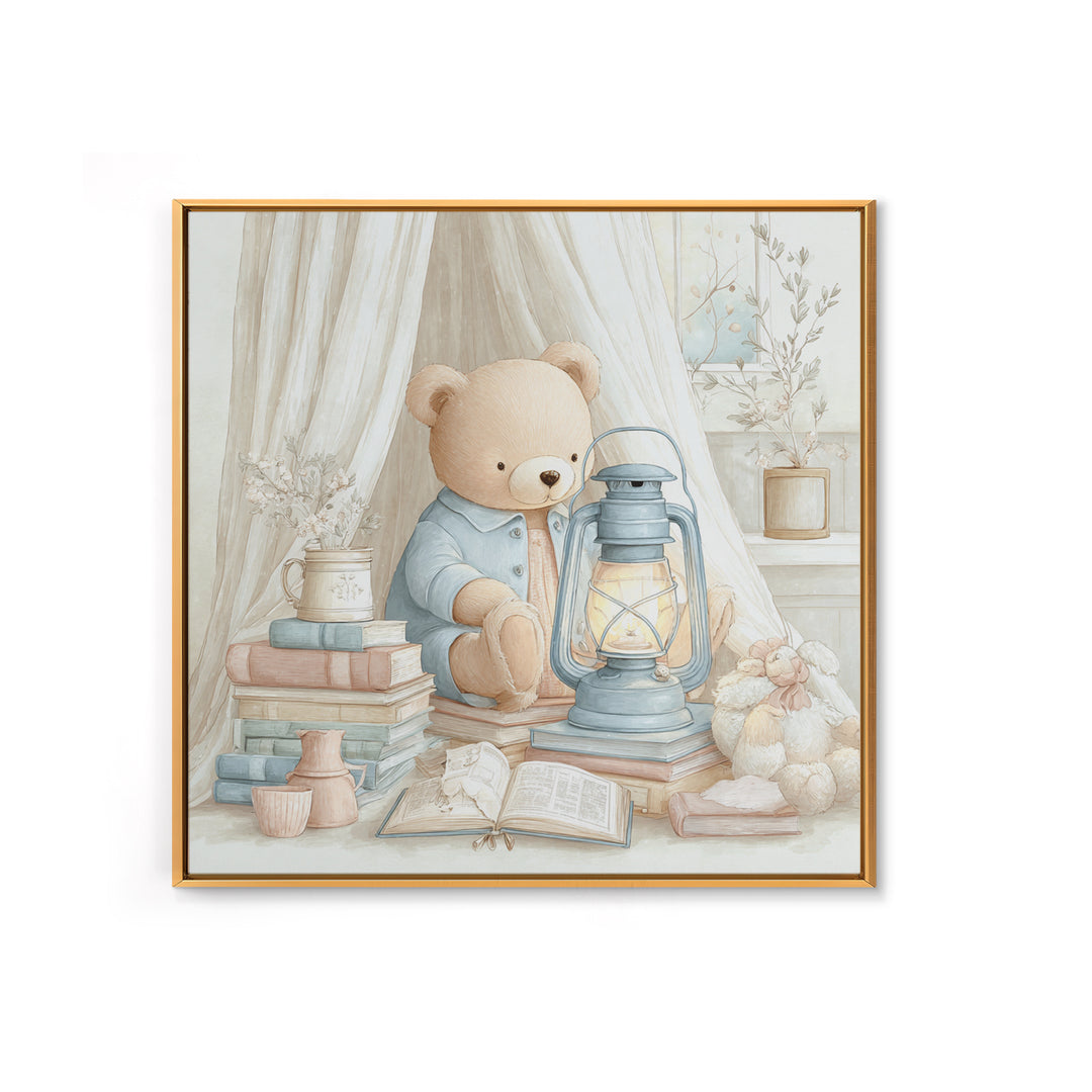 Storybook Bear with Little Lantern Canvas Print, Nursery Decor, Art Print, Fine Art, Nursery, Woodland Nursery Decor, NDE-1x1-81