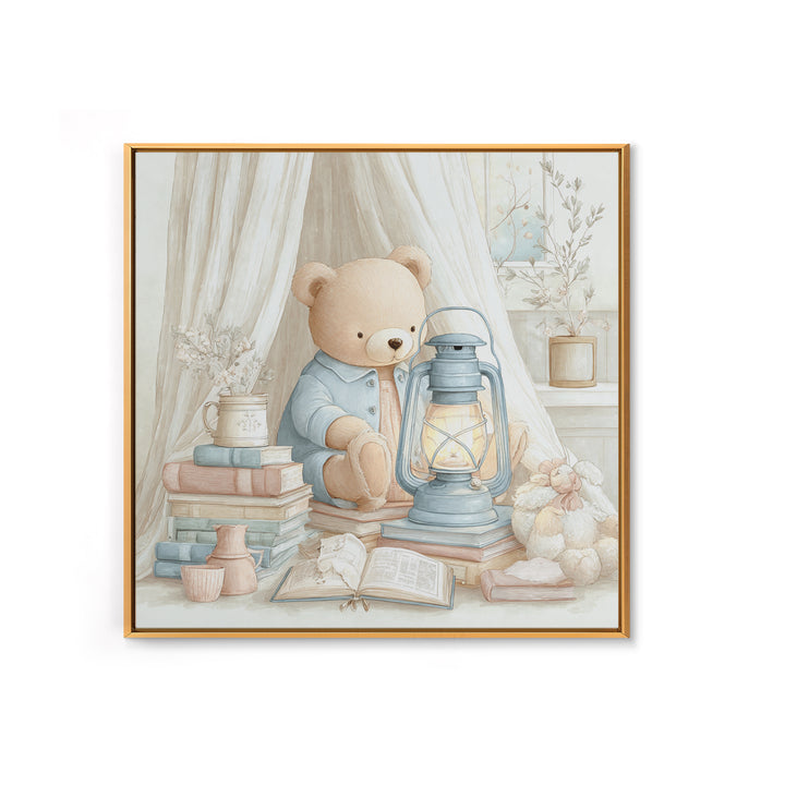 Storybook Bear with Little Lantern Canvas Print, Nursery Decor, Art Print, Fine Art, Nursery, Woodland Nursery Decor, NDE-1x1-81