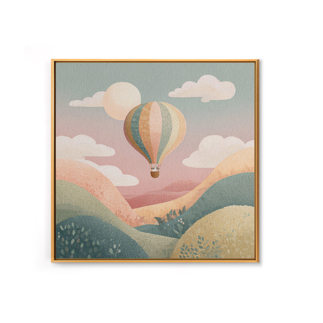 Hot Air Balloon Drifting Framed Canvas Print, Nursery Decor, Kids Wall Art, Abstract Art, Nursery, Room Decor, NDE-1x1-84