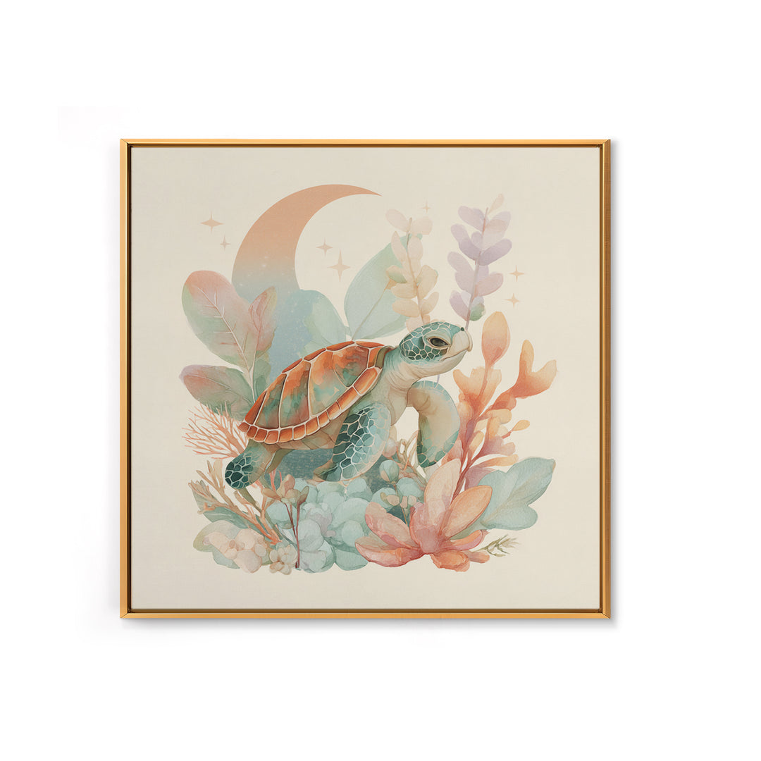 Tiny Turtle with Sea Plants Canvas Print, Nursery Decor, Room Decor, Fine Art, Nursery, Framed Wall Art, Bedroom Decor, NDE-1x1-91