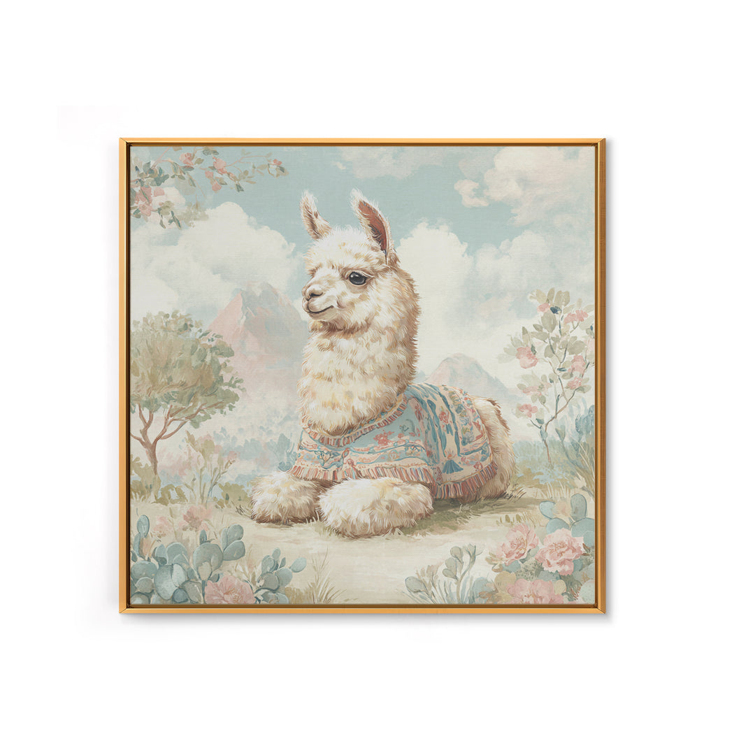 Cute Llama with Blanket Pattern Framed Canvas Print, Nursery Decor, Wall Art, Oil Painting, Nursery, Nursery Wall Decor, NDE-1x1-93