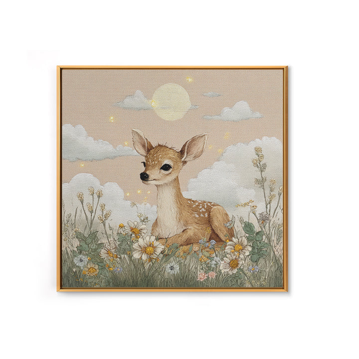 Baby Deer in Meadow with Fireflies Canvas Print, Nursery Decor, Modern Decor, Fine Art, Nursery, Wall Decor, Art Print, NDE-1x1-94
