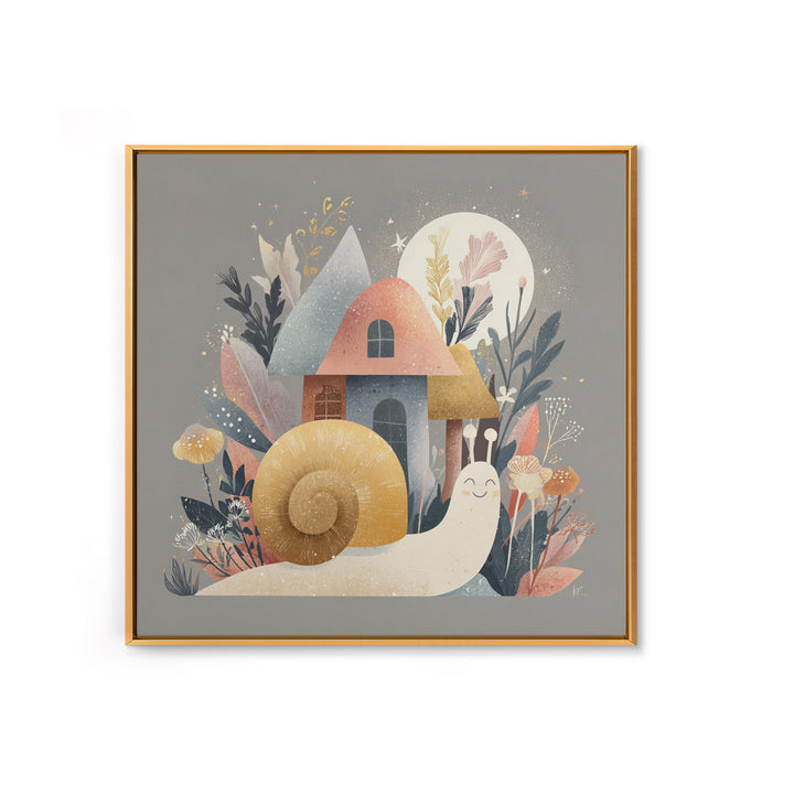 Garden Snail with Mushroom House Canvas Print, Nursery Decor, Fine Art Print, Watercolor Art, Nursery, Printable Wall Art, NDE-1x1-95