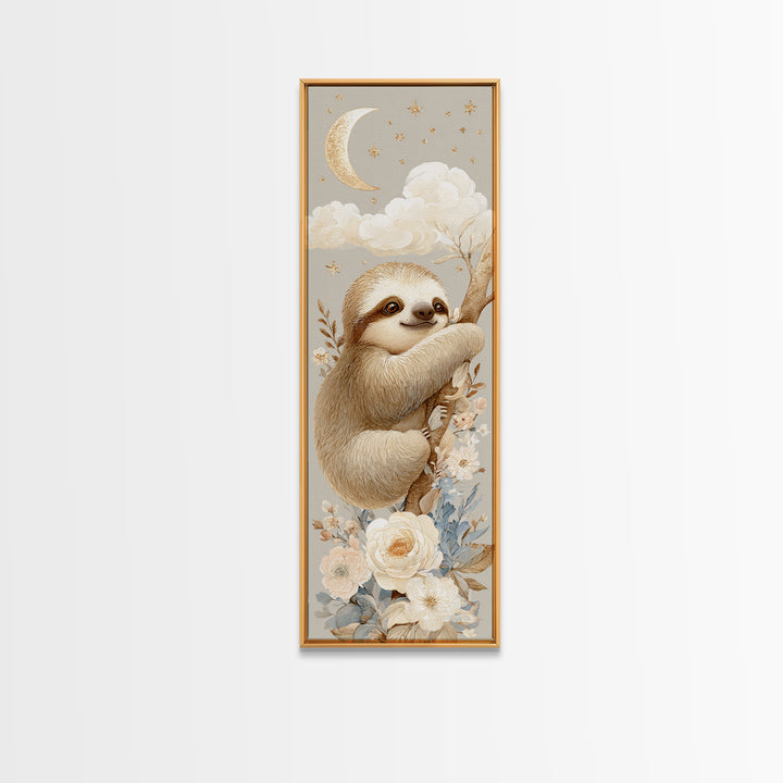 Sleepy Sloth Hanging from Branch Canvas Print, Nursery Decor, Neutral Decor, Oil Painting, Nursery, Home Decor, Wall Decor, NDE-1x3-18