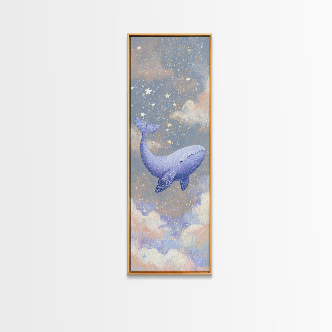 Baby Whale Swimming Through Stars Framed Canvas Print, Nursery Decor, Wall Decor, Fine Art, Nursery, Woodland Nursery Decor, NDE-1x3-20