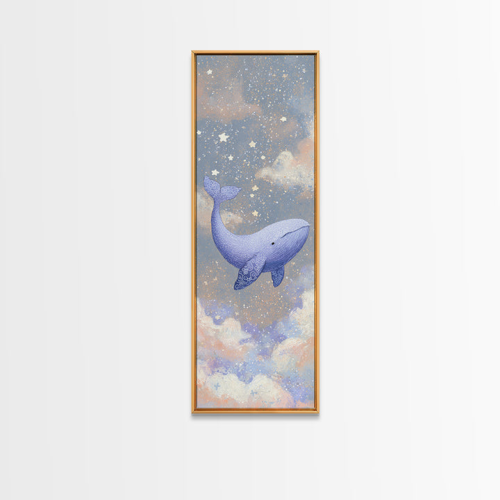 Baby Whale Swimming Through Stars Framed Canvas Print, Nursery Decor, Wall Decor, Fine Art, Nursery, Woodland Nursery Decor, NDE-1x3-20
