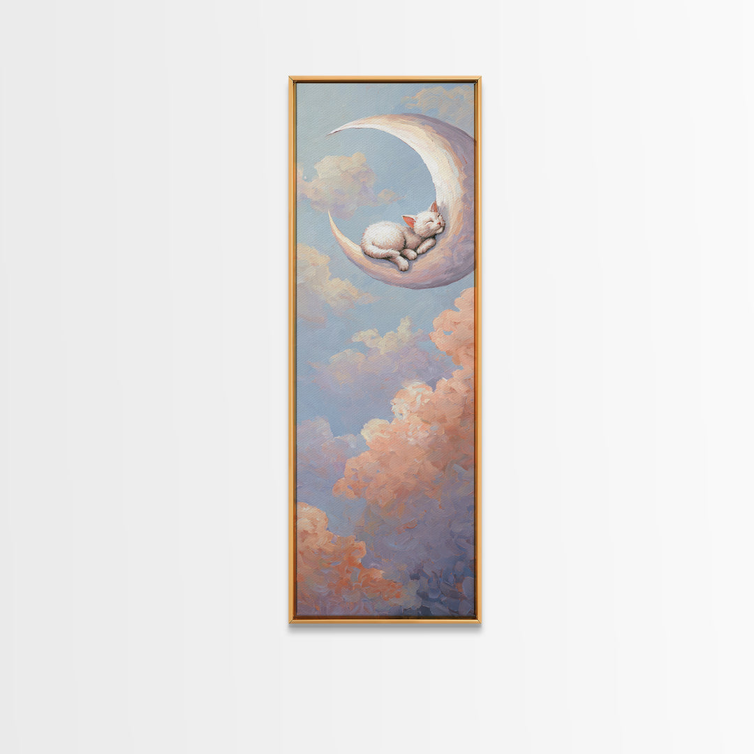 Sleeping Kitten on Crescent Moon Framed Canvas Print, Nursery Decor, Textured Painting, Fine Art, Nursery, Bedroom Decor, NDE-1x3-29