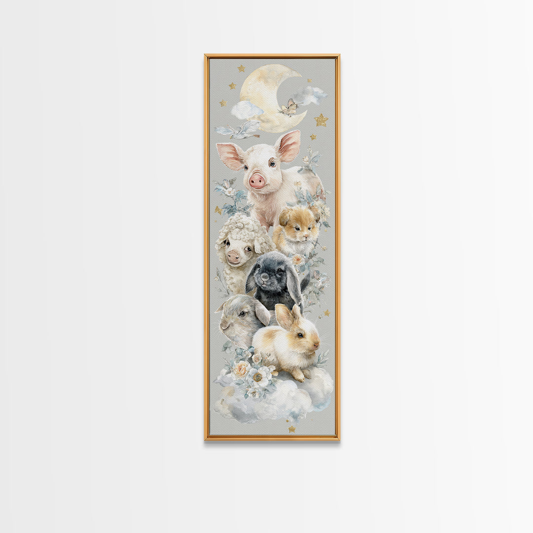 Farm Animals in Soft Watercolor Style Framed Canvas Print, Nursery Decor, Nursery Wall Decal, Oil Painting, Nursery, NDE-1x3-30