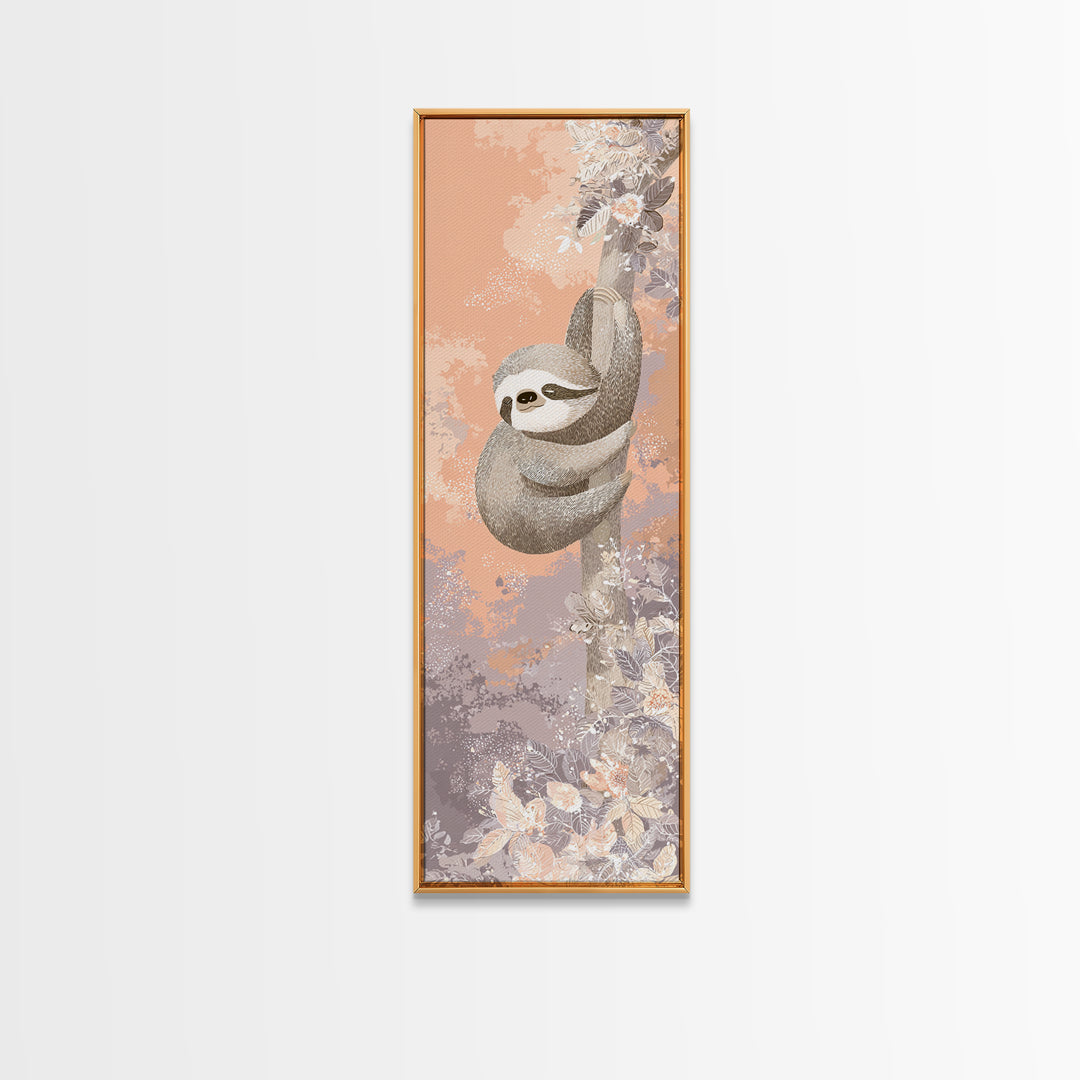 Sleepy Sloth Hanging from Branch Canvas Print, Nursery Decor, Neutral Decor, Oil Painting, Nursery, Home Decor, Wall Decor, NDE-1x3-42
