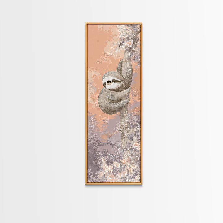 Sleepy Sloth Hanging from Branch Canvas Print, Nursery Decor, Neutral Decor, Oil Painting, Nursery, Home Decor, Wall Decor, NDE-1x3-42