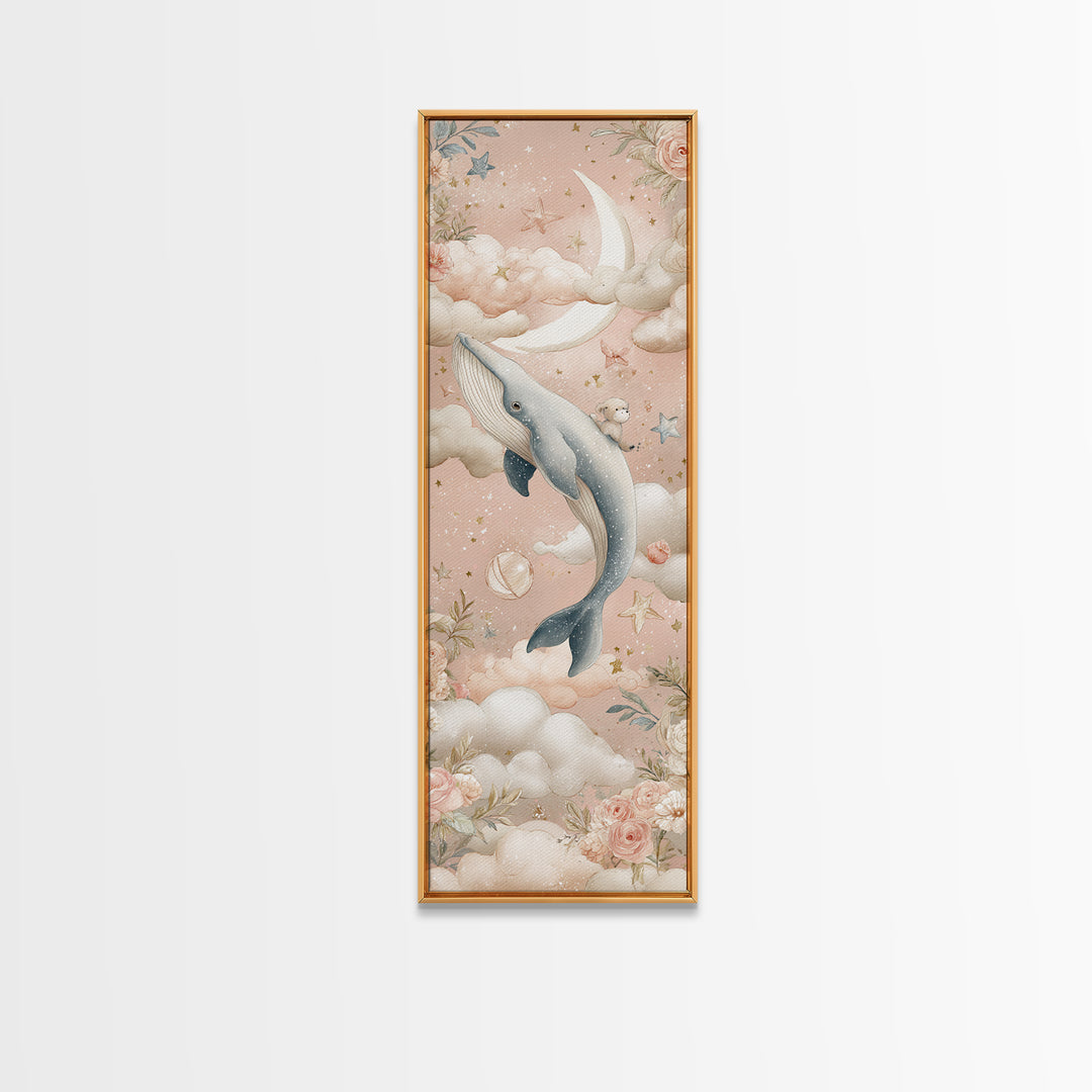Baby Whale Swimming Through Stars Canvas Print, Nursery Decor, Framed Wall Art, Fine Art, Nursery, Safari Nursery Decor, NDE-1x3-44