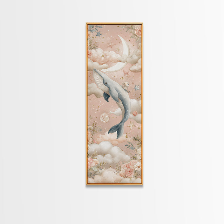 Baby Whale Swimming Through Stars Canvas Print, Nursery Decor, Framed Wall Art, Fine Art, Nursery, Safari Nursery Decor, NDE-1x3-44
