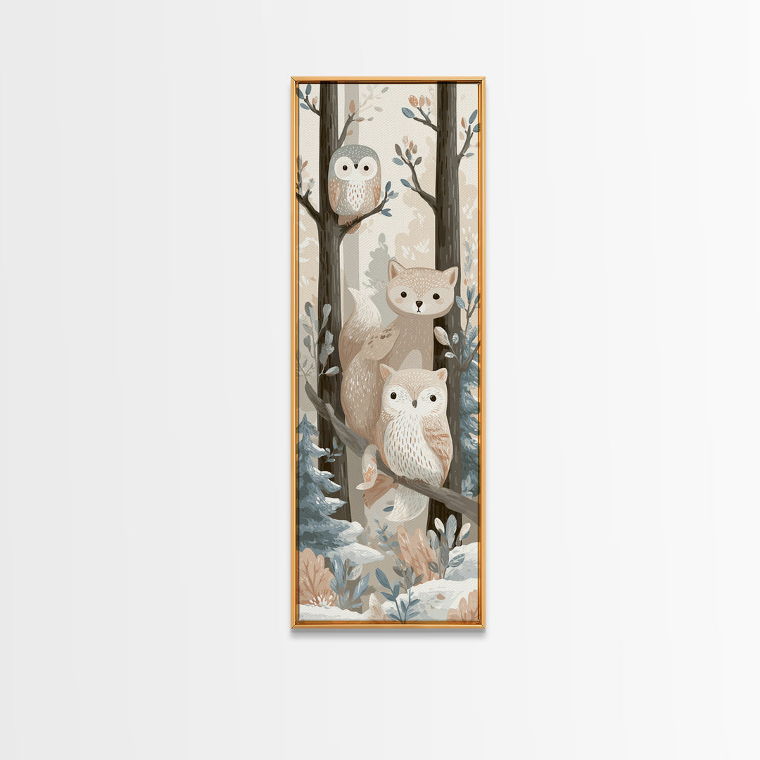 Fox and Owl Friends Framed Canvas Print, Nursery Decor, Fine Art Print, Fine Art, Nursery, Printable Wall Art, Nursery Wall Art, NDE-1x3-50