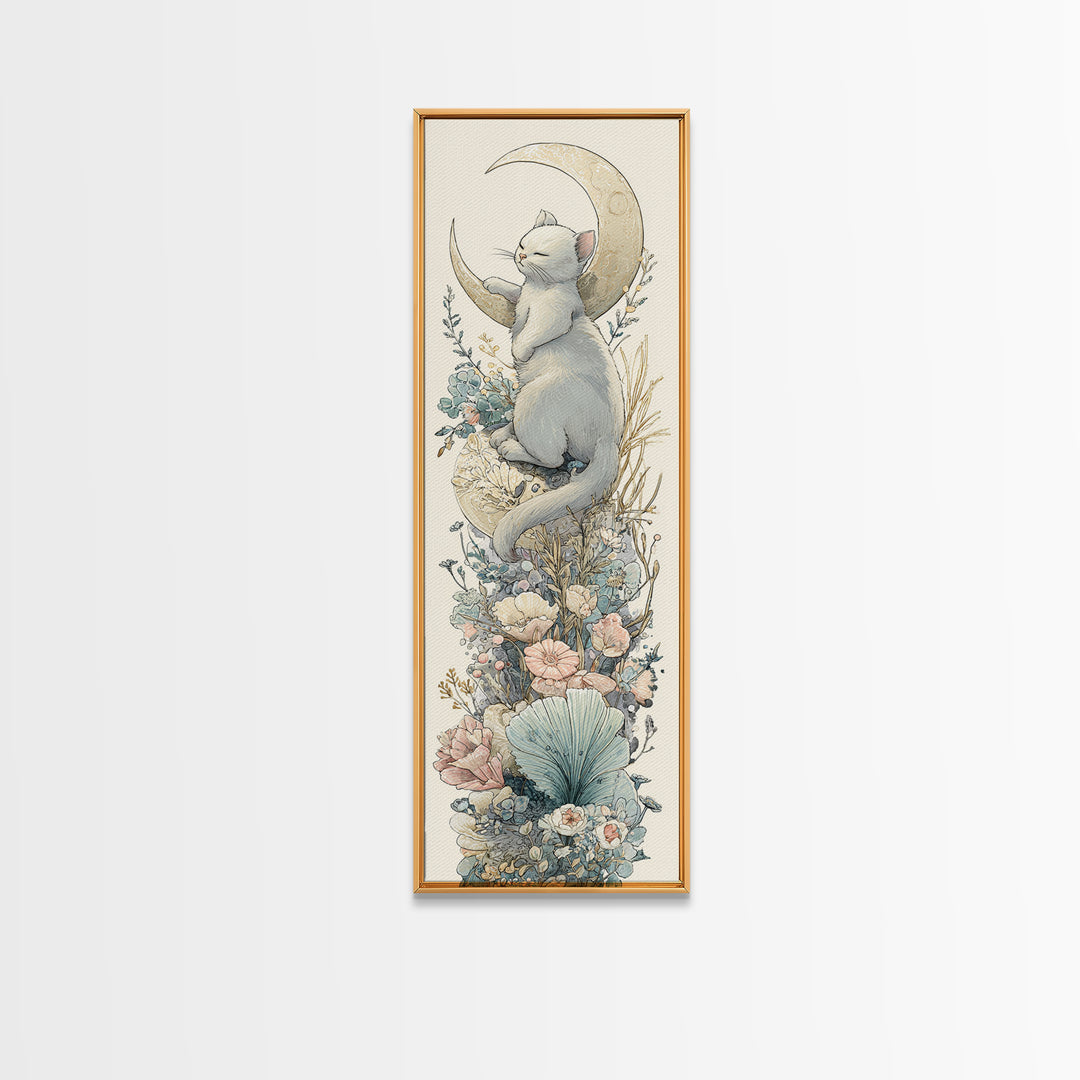 Sleeping Kitten on Crescent Moon Framed Canvas Print, Nursery Decor, Textured Painting, Fine Art, Nursery, Bedroom Decor, NDE-1x3-53