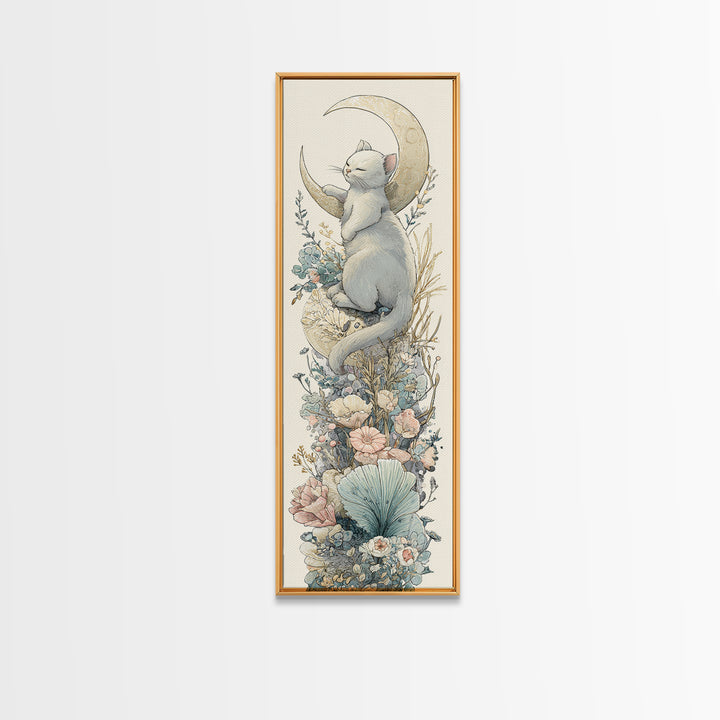 Sleeping Kitten on Crescent Moon Framed Canvas Print, Nursery Decor, Textured Painting, Fine Art, Nursery, Bedroom Decor, NDE-1x3-53