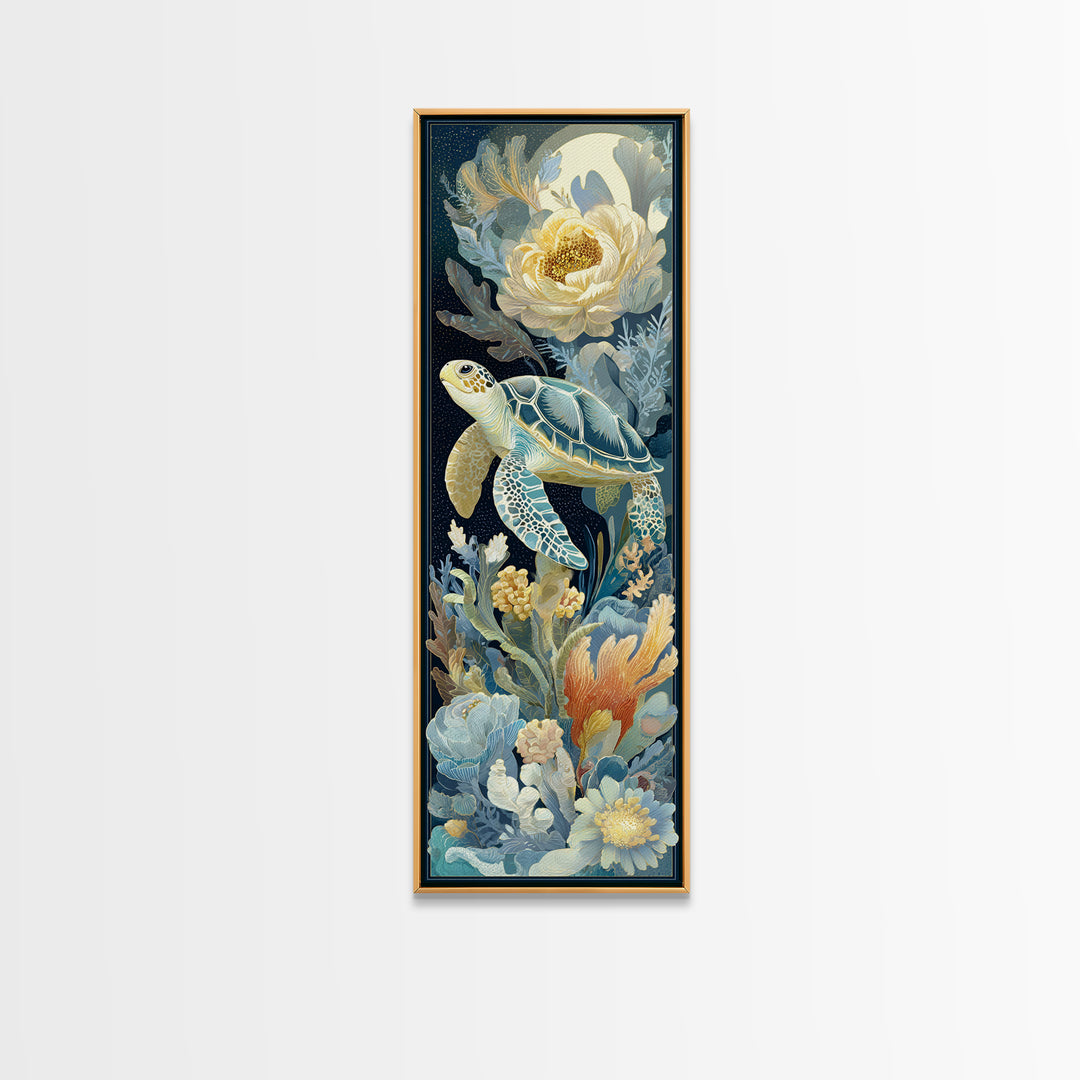 Tiny Turtle with Sea Plants Canvas Print, Nursery Decor, Floral Wallpaper, Oil Painting, Nursery, Fine Art Print, NDE-1x3-55
