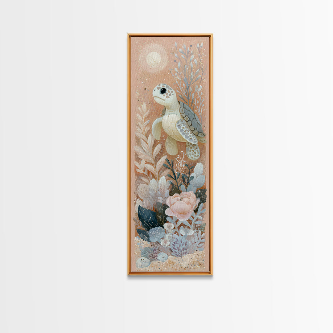 Tiny Turtle with Sea Plants Framed Canvas Print, Nursery Decor, Nursery Wall Decals, Fine Art, Nursery, Textured Painting, NDE-1x3-79