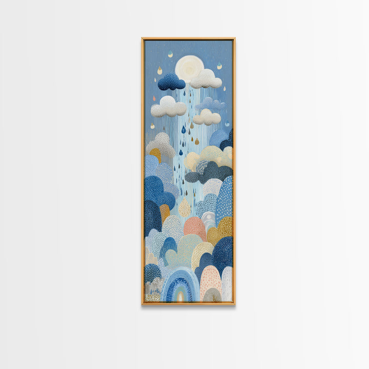 Cloud Rainbow and Raindrop Composition Framed Canvas Print, Nursery Decor, Wall Light, Fine Art, Nursery, Statement Artwork, NDE-1x3-80