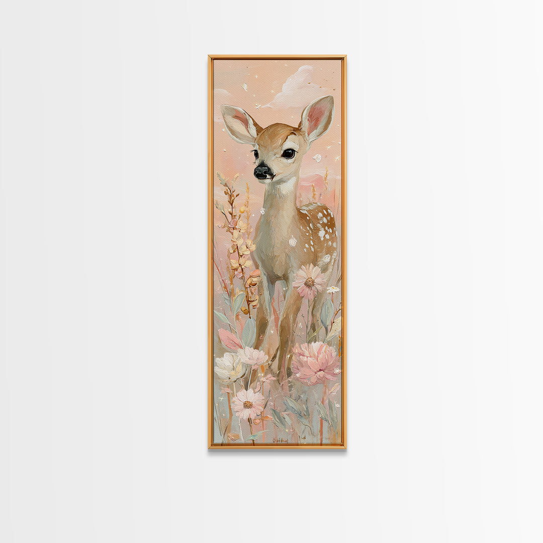 Baby Deer in Meadow with Fireflies Canvas Print, Nursery Decor, Boho Decor, Nursery, Nursery Wall Art, Framed Wall Art, NDE-1x3-82