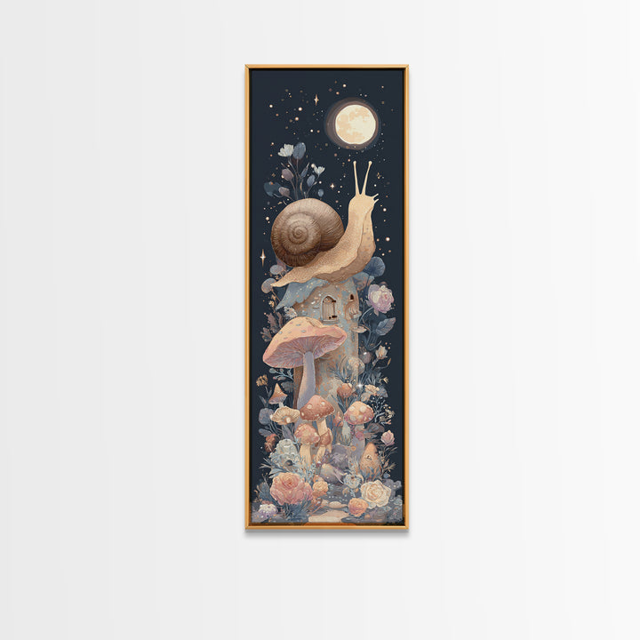 Garden Snail with Mushroom House Framed Canvas Print, Nursery Decor, Woodland Nursery, Watercolor Art, Nursery, NDE-1x3-83