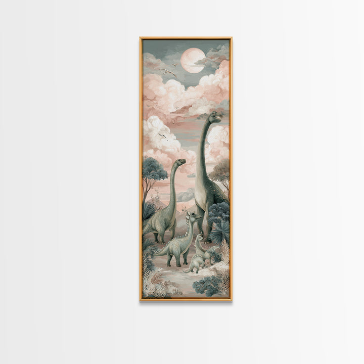 Gentle Dinosaur Family Framed Canvas Print, Nursery Decor, Boho Decor, Oil Painting, Nursery, Nursery Wall Art, Framed Wall Art, NDE-1x3-91