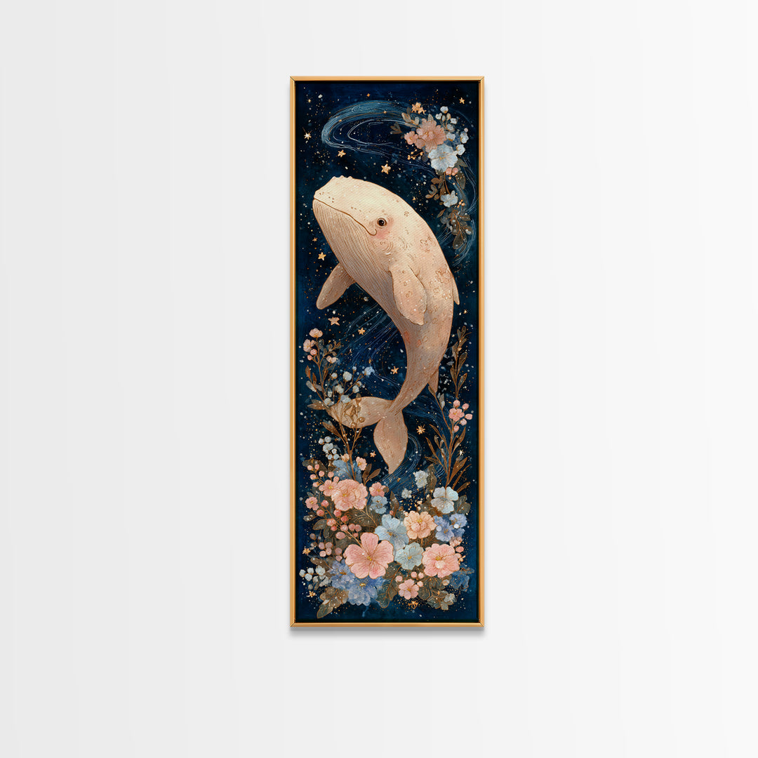 Baby Whale Swimming Through Stars Framed Canvas Print, Nursery Decor, Nursery Name Sign, Fine Art, Nursery, Luxury Decor, NDE-1x3-92