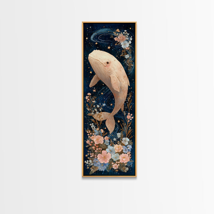 Baby Whale Swimming Through Stars Framed Canvas Print, Nursery Decor, Nursery Name Sign, Fine Art, Nursery, Luxury Decor, NDE-1x3-92
