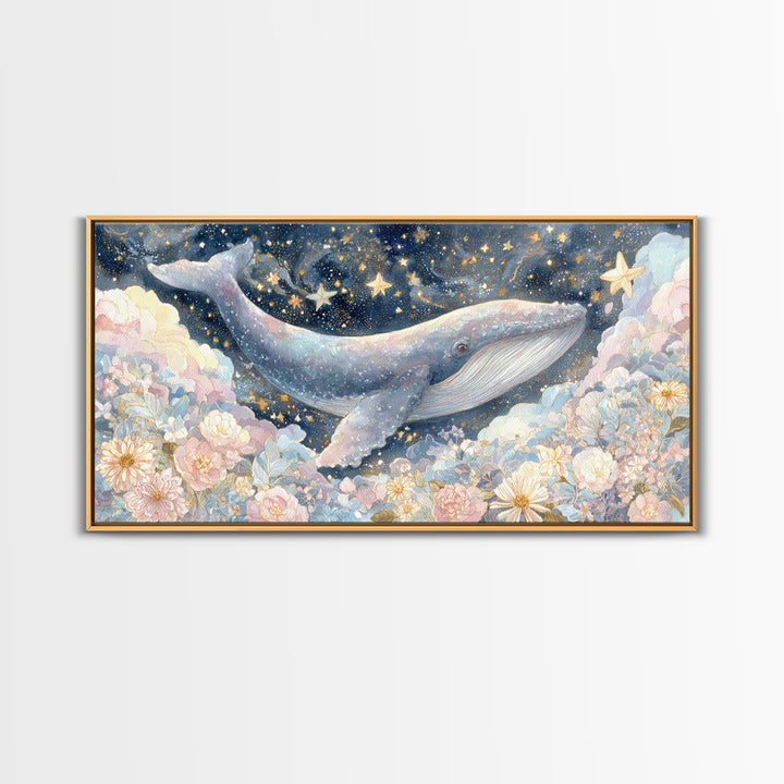 Baby Whale Swimming Through Stars Framed Canvas Print, Nursery Decor, Wall Light, Fine Art, Nursery, Statement Artwork, NDE-2x1-100