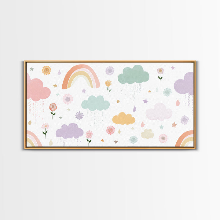 Cloud Rainbow and Raindrop Composition Framed Canvas Print, Nursery Decor, Fine Art Print, Fine Art, Nursery, NDE-2x1-16
