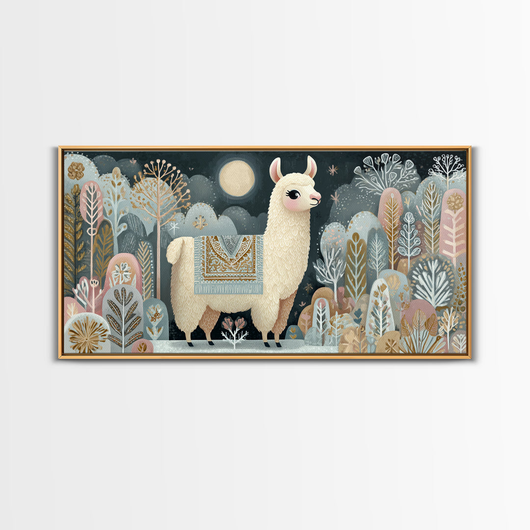 Cute Llama with Blanket Pattern Canvas Print, Nursery Decor, Nursery, Floral Wall Art, Botanical Wall Art, Floral Wallpaper, NDE-2x1-17