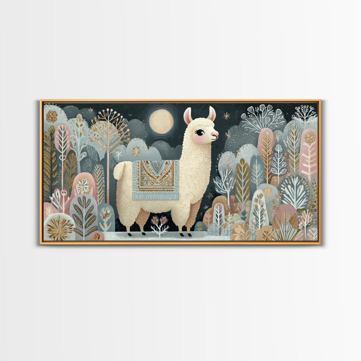 Cute Llama with Blanket Pattern Canvas Print, Nursery Decor, Nursery, Floral Wall Art, Botanical Wall Art, Floral Wallpaper, NDE-2x1-17