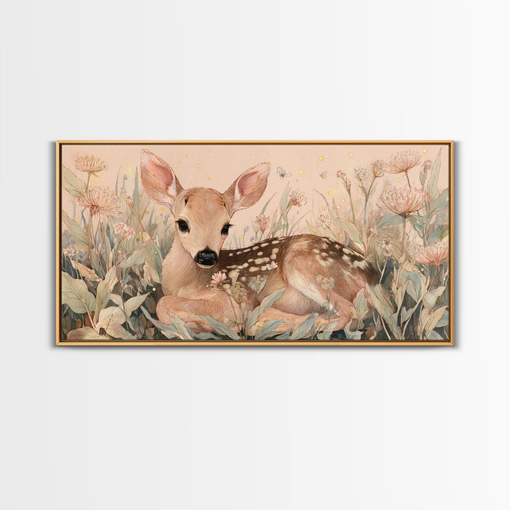Baby Deer in Meadow with Fireflies Framed Canvas Print, Nursery Decor, Room Decor, Fine Art, Nursery, Framed Wall Art, NDE-2x1-18