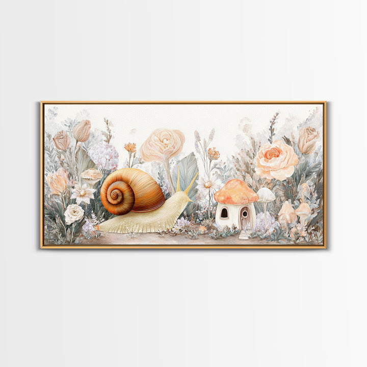 Garden Snail with Mushroom House Framed Canvas Print, Nursery Decor, Woodland Nursery, Watercolor Art, Nursery, NDE-2x1-19