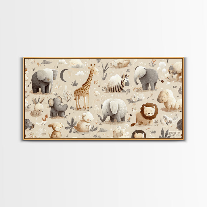 Cute Safari Animals Framed Canvas Print, Nursery Decor, Minimalist Decor, Fine Art, Nursery, Wall Decals, Nursery Wall Decor, NDE-2x1-24