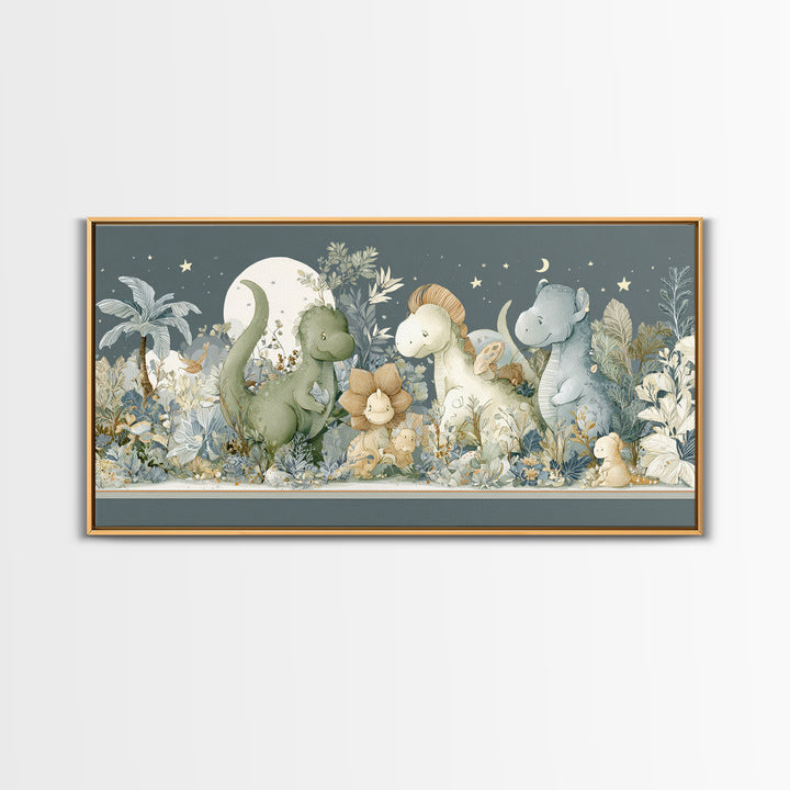 Gentle Dinosaur Family Framed Canvas Print, Nursery Decor, Boho Decor, Oil Painting, Nursery, Nursery Wall Art, Framed Wall Art, NDE-2x1-27