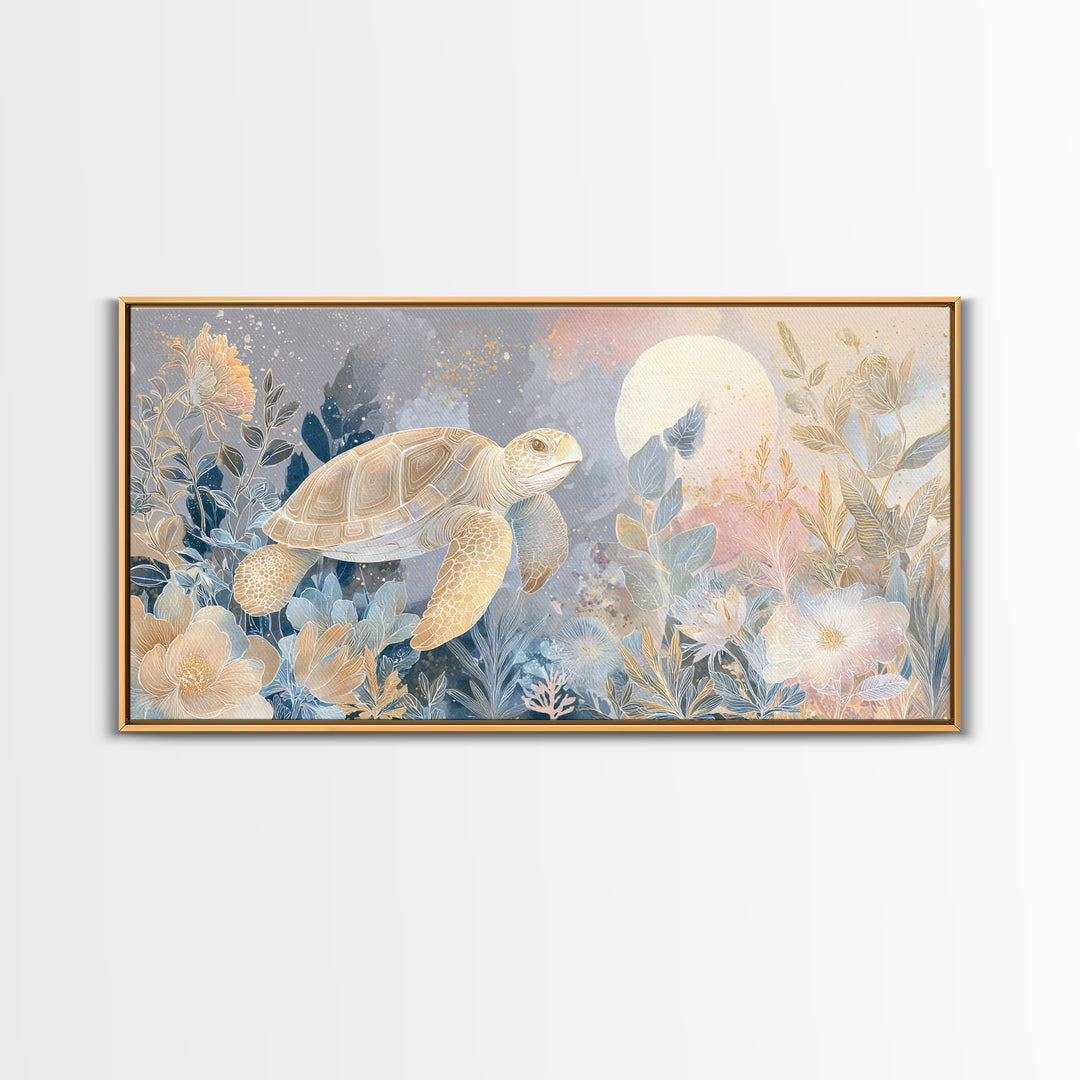 Tiny Turtle with Sea Plants Canvas Print, Nursery Decor, Nursery Wall Art, Oil Painting, Nursery, Botanical Wall Art, NDE-2x1-39