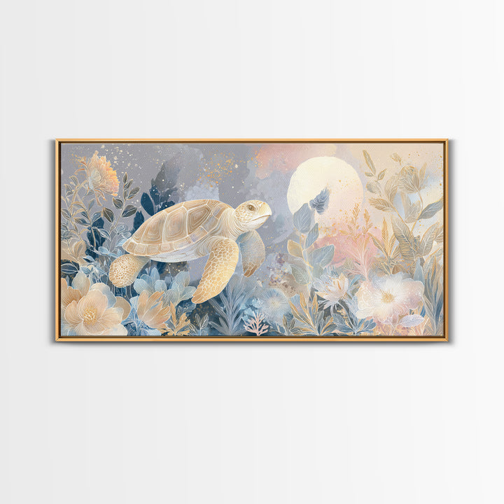 Tiny Turtle with Sea Plants Canvas Print, Nursery Decor, Nursery Wall Art, Oil Painting, Nursery, Botanical Wall Art, NDE-2x1-39