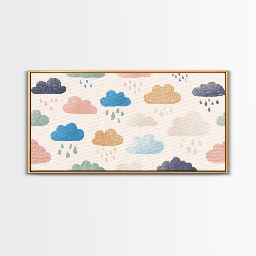 Cloud Rainbow and Raindrop Composition Framed Canvas Print, Nursery Decor, Wall Decor, Nursery, Woodland Nursery Decor, NDE-2x1-40