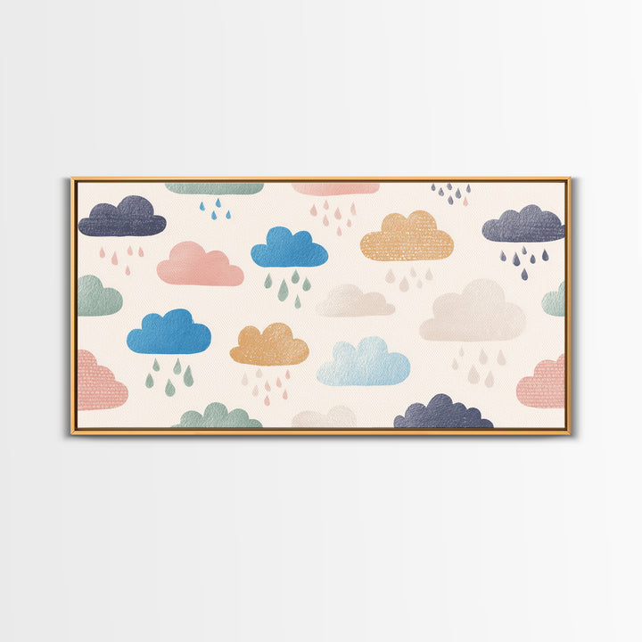 Cloud Rainbow and Raindrop Composition Framed Canvas Print, Nursery Decor, Wall Decor, Nursery, Woodland Nursery Decor, NDE-2x1-40