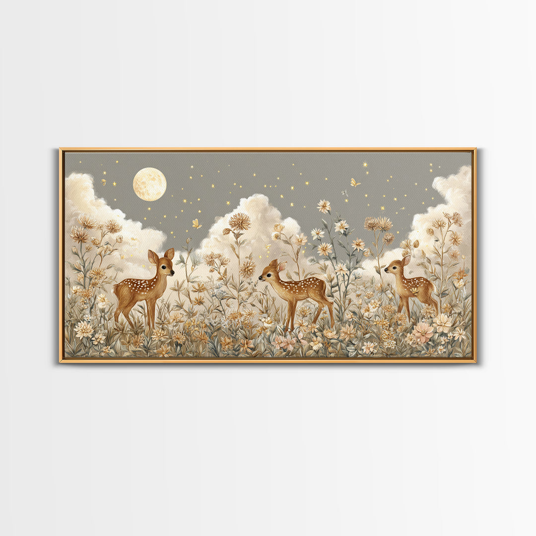 Baby Deer in Meadow with Fireflies Framed Canvas Print, Nursery Decor, Room Decor, Fine Art, Nursery, Framed Wall Art, NDE-2x1-42