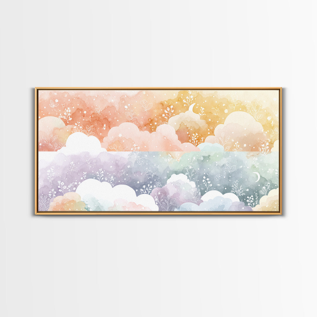Pastel Rainbow with Soft Cloud Shapes Framed Canvas Print, Nursery Decor, Nursery Wall Decor, Nursery, Nursery Name Sign, NDE-2x1-45