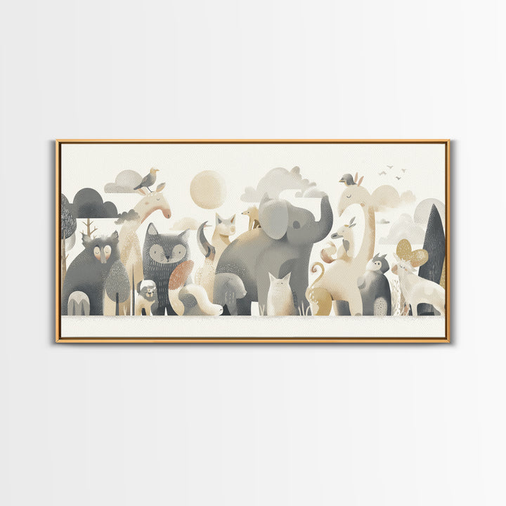 Woodland Animal Parade Framed Canvas Print, Nursery Decor, Wall Decor, Nursery, Woodland Nursery Decor, Nursery Prints, NDE-2x1-46
