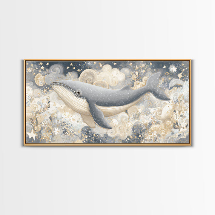 Baby Whale Swimming Through Stars Canvas Print, Nursery Decor, Canvas, Fine Art, Nursery, Playroom Decor, Floral Wall Art, NDE-2x1-52