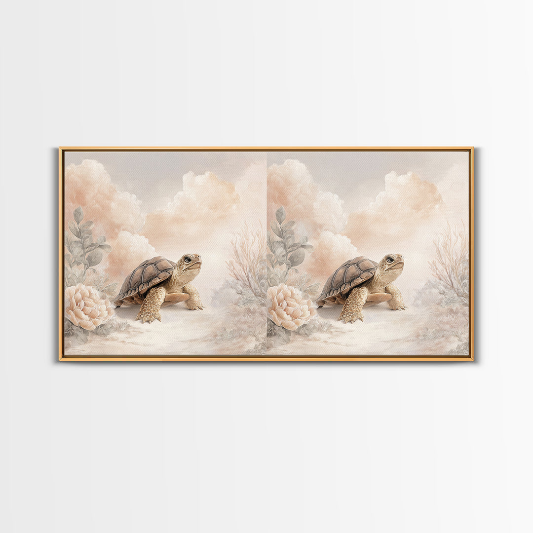 Tiny Turtle with Sea Plants Canvas Print, Nursery Decor, Floral Wall Art, Fine Art, Nursery, Gallery Decor, Neutral Decor, NDE-2x1-63
