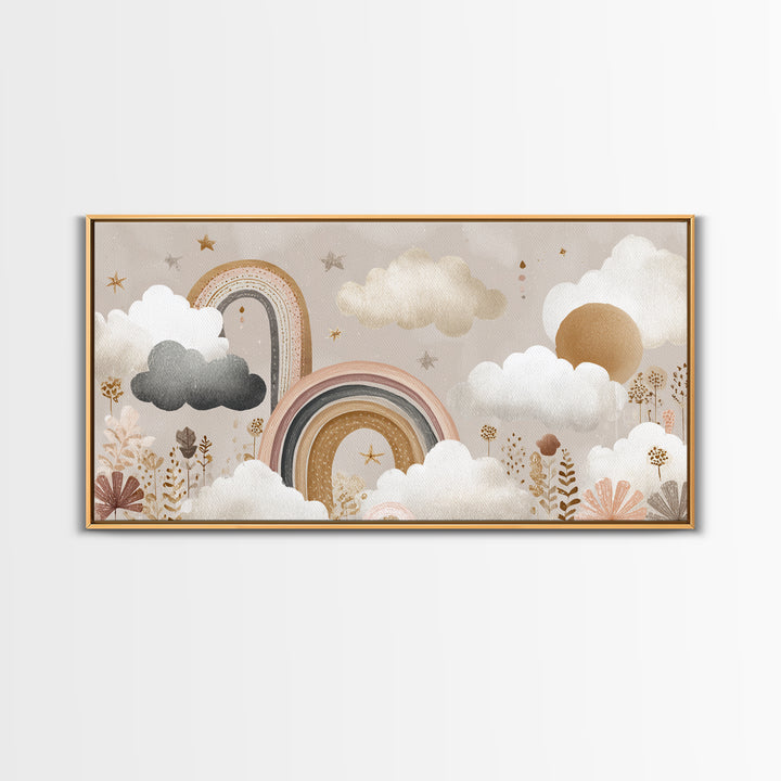 Cloud Rainbow and Raindrop Composition Canvas Print, Nursery Decor, Framed Wall Art, Fine Art, Nursery, Safari Nursery Decor, NDE-2x1-64