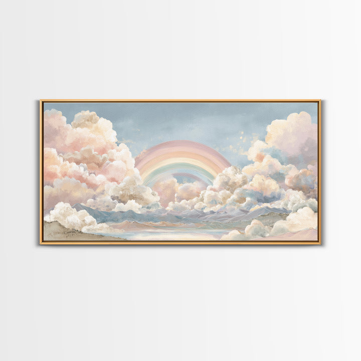 Pastel Rainbow with Soft Cloud Shapes Canvas Print, Nursery Decor, Floral Wall Art, Abstract Art, Nursery, Gallery Decor, NDE-2x1-69