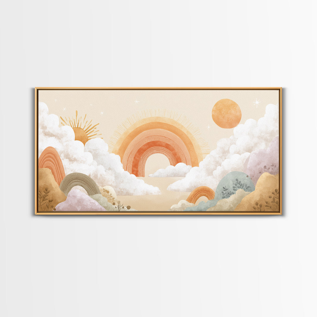 Neutral Boho Sun and Arch Shapes Framed Canvas Print, Nursery Decor, Canvas, Abstract Art, Nursery, Playroom Decor, NDE-2x1-7